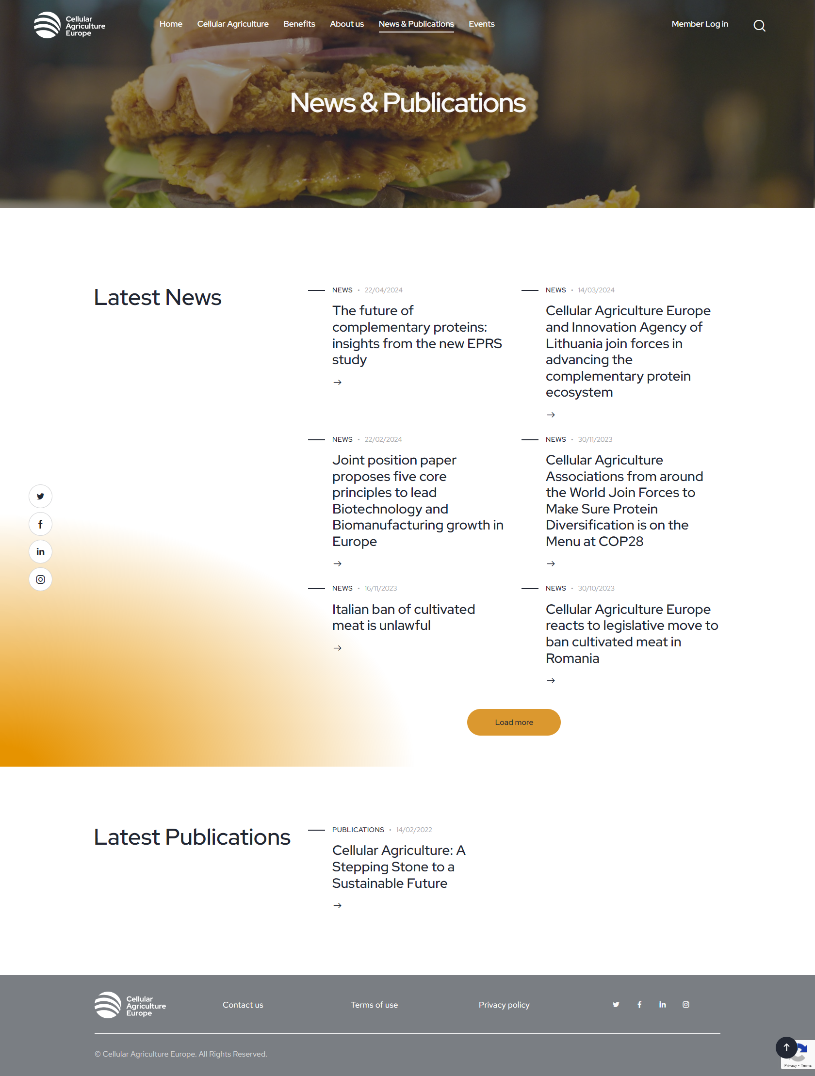 Screenshot News & Publications page Cellular Agriculture