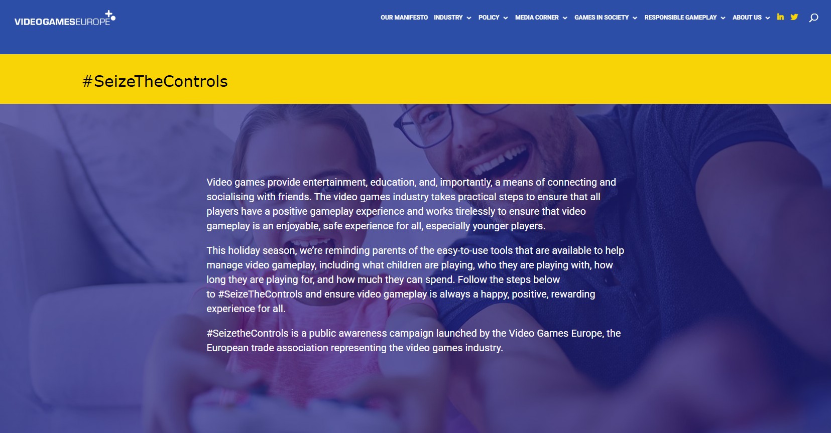Video Games Europe - landing page #SeizeTheControls campaign - above the fold