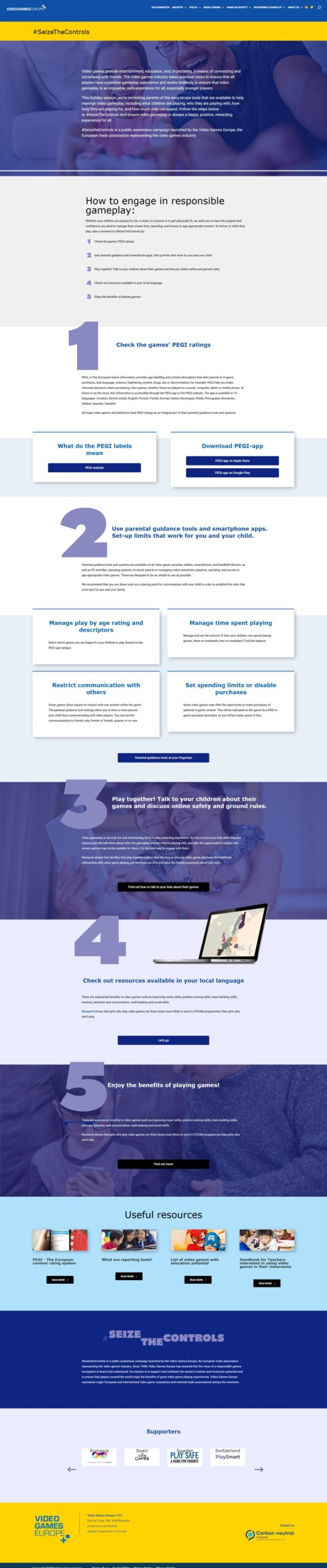 Video Games Europe - landing page #SeizeTheControls campaign